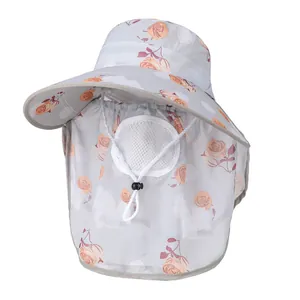 Detail of grey floral sun hat with protective face mask and white breathable mesh filter