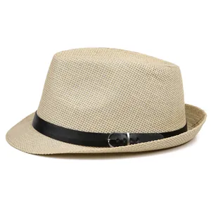 Sombrero de paja tejido beige natural estilo jazz con banda de cuero negro y hebilla