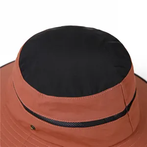 Close-up of wide brim sun hat with breathable mesh and detailed stitching on the fabric