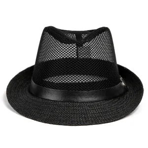Close-up of black mesh fedora featuring breathable fabric and leather decorative band