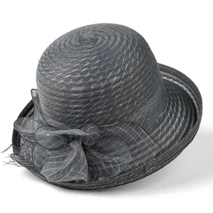 Detailed view of dark grey organza mesh flower and bow on elegant women's sun hat