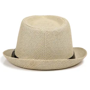 Sombrero fedora clásico de paja beige con cinta negra para protección solar unisex