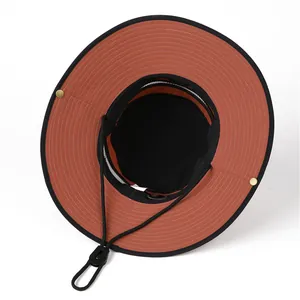 Wide brim outdoor hiking sun hat with adjustable chin strap and breathable mesh interior