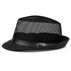 Detail of black breathable mesh fedora hat featuring a leather band and silver buckle