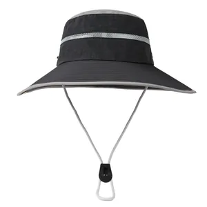 Detail view of the breathable mesh panel and adjustable chin strap on the sun hat