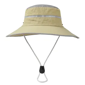 Detail of outdoor sun hat featuring khaki wide brim and grey breathable mesh panels