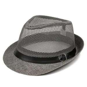 Men's Summer Fedora Hat Breathable Paper Straw Mesh Sun Hat With Wide Brim Leather Band Buckle Casual Beach Sunshade Hat