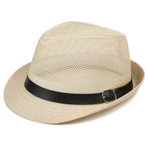 Men's breathable mesh straw fedora hat with black band and silver buckle in beige