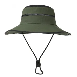 Detail view of army green sun hat showing black mesh vent and adjustable wind cord