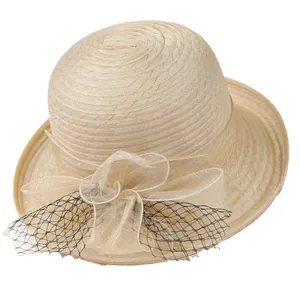 Elegant beige organza sun hat for women with vintage floral mesh veil and bow accent