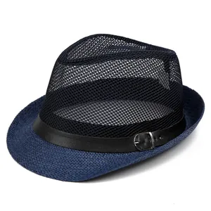 Men's breathable mesh fedora sun hat with straw brim and leather band detailing