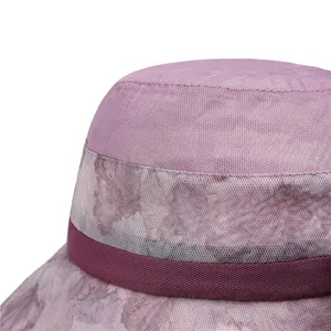 Women's wide brim sun hat in lavender purple with floral patterns and white mesh overlay