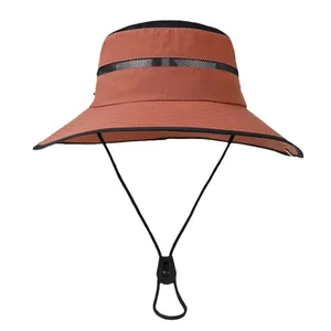 Outdoor sun hat with wide brim, brick red breathable mesh and adjustable chin strap