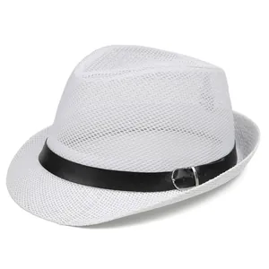 Close-up of white mesh fedora hat featuring a black faux leather band and silver buckle