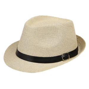 Sombrero de paja clásico beige estilo jazz con banda de cuero negro y hebilla de plata