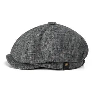 Béret gris en lin pour homme avec lanière en cuir et bouton métallique latéral