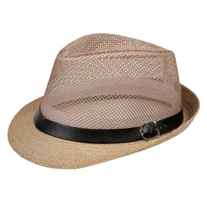 Breathable mesh straw fedora hat for men with leather band and metal buckle detail