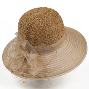 Women's Elegant Wide Brim Sun Hat With Organza Bow Artificial Pearl Decor Breathable Foldable Mesh Flower Bucket Hat For Travel Outdoor