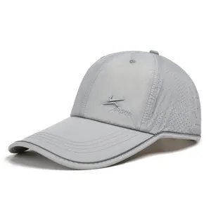 Macro detail of breathable mesh holes and sport embroidery on lightweight sun cap