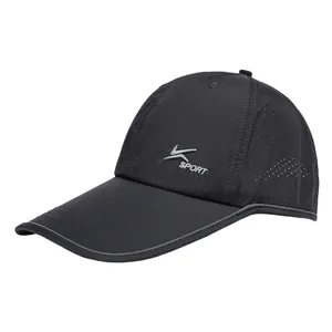 Lightweight breathable black sports baseball cap with mesh panels and long sun visor