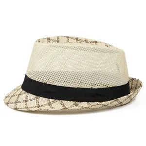 Breathable mesh straw fedora hat with brown checkered brim and black ribbon for men