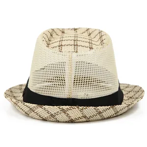 Breathable men's straw fedora hat with mesh design and plaid pattern for sun protection