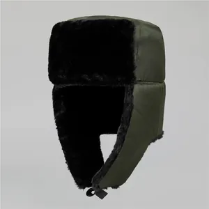 Winter thermal bomber hat for elderly men with olive green fabric and black faux fur lining