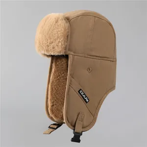 Unisex Winter Trapper Hat Cotton Canvas Faux Fur Lining Thick Warm Windproof Aviator Hat With Ear Flaps For Men Women Outdoor