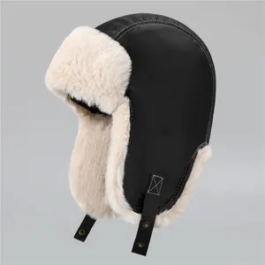 Winter Warm Trapper Hat Unisex Faux Leather Faux Fur Lined Pilot Hat With Ear Flaps Windproof Bomber Hat For Cycling Outdoor