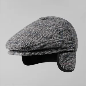 Men Winter Warm Flat Cap With Earflaps Vintage Plaid Newsboy Hat Herringbone Woolen Mix Cap For Grandfather Accessories