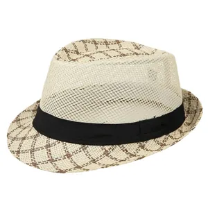 Men's mesh straw fedora hat with brown geometric pattern and black band for sun protection