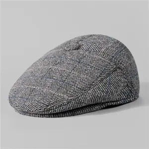 Classic gray plaid wool blend flat cap for elderly men with ear protection and warm lining