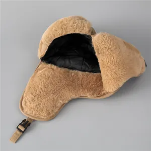 Khaki winter trapper hat with warm faux fur lining and windproof ear flaps for skiing