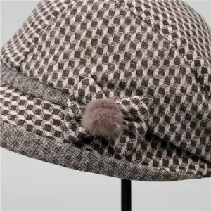 Chapeau cloche élégant en laine pied-de-poule pour femmes avec nœud et pompon doux
