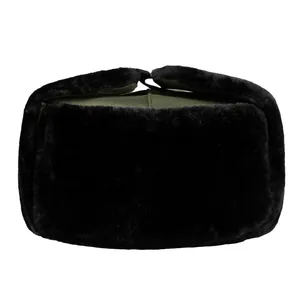 Winter Russian Ushanka hat in olive green and black faux fur for warmth and wind protection
