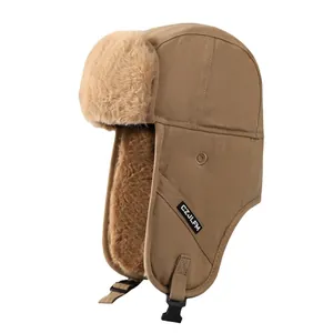 Winter thermal aviator hat in brown with thick faux fur lining and chin strap