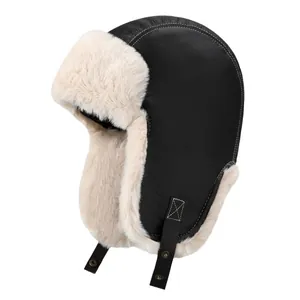 Winter aviator hat with faux leather exterior and warm plush lining for cold protection