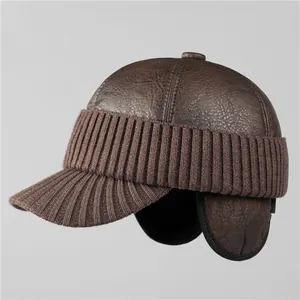 Men's Winter Warm Baseball Cap Genuine Leather Knitted Patchwork Hat Windproof Fleece Lined Dad Hat With Ear Flaps