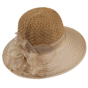 Women's khaki sun hat with mesh weave, large ribbon bow, and pearl decorative accents