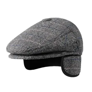 Grey plaid winter cap for elderly men featuring warm ear flaps and fleece lining