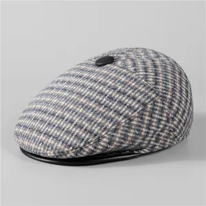 Winter tweed flat cap for men with fleece ear flaps and leather trim brim