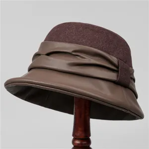 Women's Vintage Artificial Leather Splicing Bucket Hat Winter Warm Woolen Fabric Cloche Hat For Elderly Grandma Mother