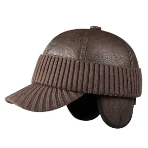 Winter thermal earflap baseball cap in dark brown PU leather and knit for men
