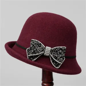French Vintage Wool Cloche Hat For Women Elegant Rhinestone Bowknot Decor Winter Warm Wide Brim Socialite Fedora Bucket Hat