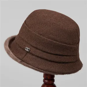 Deep brown tweed cloche hat for women with faux fur trim and silver metal ring detail