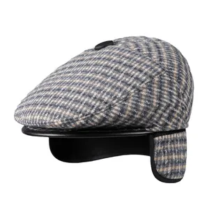 Winter men's tweed flat cap with ear flaps and warm fleece lining in grey check pattern
