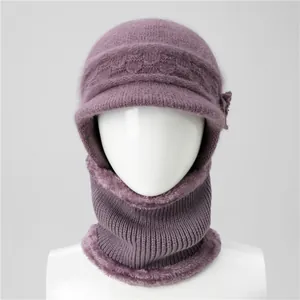 Detail of purple winter knit hat and neck warmer set with thick plush lining for women