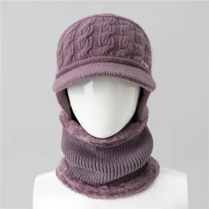 Close-up of purple cable knit beanie and fleece-lined neck warmer set for women