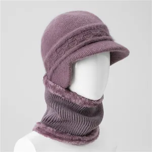 Detail of purple knitted winter hat and scarf set with thick plush lining for women