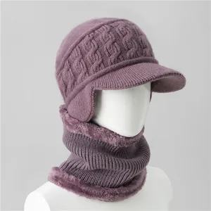Close-up of cable knit winter hat and neck warmer set with thick fleece lining